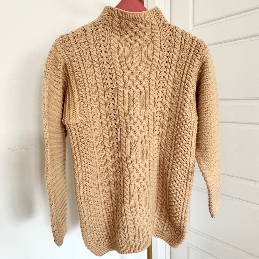 100% Wool Fisherman Hand Knit Mock Neck Tan Sweater S Coastal Cottage Academia